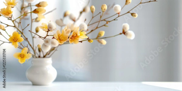 Fototapeta Delicate Yellow Flowers in White Vase Soft Light Minimalist Home