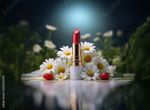 Fototapeta A vibrant red lipstick stands amidst a bed of white daisies and ripe strawberries, reflecting subtly on a polished surface.  The scene is softly lit, creating a serene and elegant mood.
