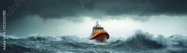 Fototapeta Rescue boat navigating through stormy ocean waves.