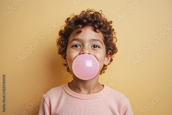 Obraz Happy child with curly hair blowing bubble from chewing gum on beige background