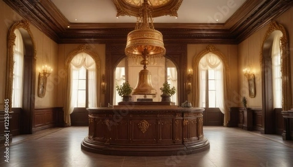 Fototapeta Elegant reception hall with a large, ornate bell mounted above the front desk, reception, large bell