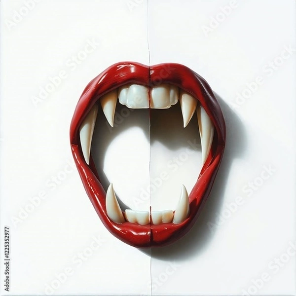 Fototapeta Soft pastel oil painting of elegant, refined 3D vampire fangs against a white background. 