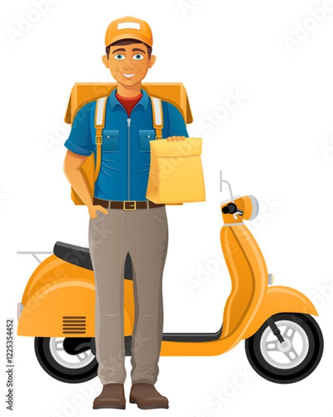 Fototapeta delivery man on scooter courier service vector illustration isolated on white background