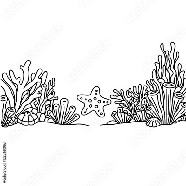 Fototapeta Coloring book page for adult. Underwater seabed with algae and corals, line art design and fish.