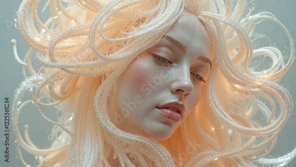 Fototapeta A woman with long blonde hair is wearing a white wig and has a white face. The hair is styled in a way that it looks like it is made of ice