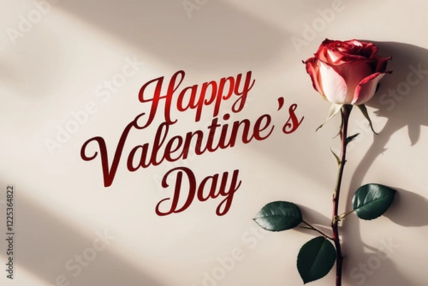 Fototapeta Happy Valentine's Day! Romantic red rose with elegant script. Perfect for love letters, cards, and social media posts.