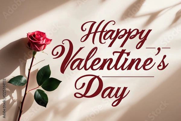 Fototapeta Happy Valentine's Day! Romantic red rose with elegant script. Perfect for love letters, cards, and social media posts.