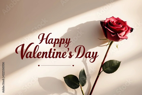 Fototapeta Happy Valentine's Day! Romantic red rose with elegant script. Perfect for love letters, cards, and social media posts.