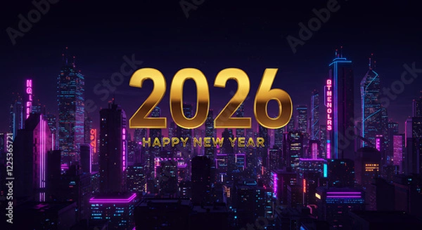 Fototapeta 2026 Happy New Year Cyberpunk Cityscape - Neon Lights and Futuristic Buildings