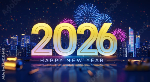 Obraz 2026 Happy New Year Cityscape Fireworks 3D Render