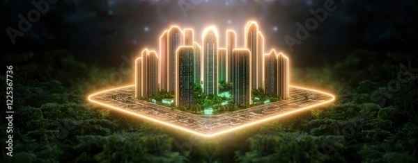 Fototapeta Futuristic Smart City Blueprints of A futuristic skyline glowing amid a forest, showcasing modern architecture blending seamlessly with nature's beauty.