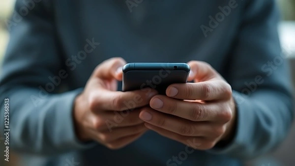 Fototapeta Mockup, man's hands holding mobile phone with finger touching on blank screen. Woman using smartphone, looking at the screen, overhead shot