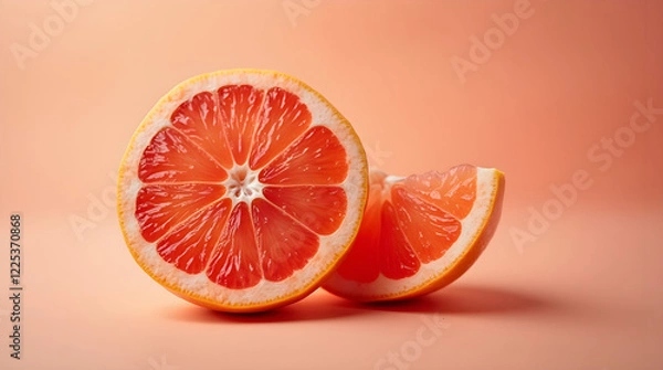 Obraz A sliced grapefruit with a vibrant pink interior, placed on a warm peach background. The juicy texture and fresh citrus details make it a visually striking and refreshing fruit composition
