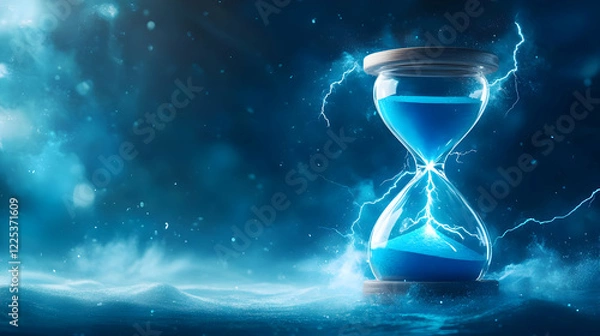 Fototapeta A striking hourglass filled with blue sand, set against a dynamic background of lightning and swirling mist.