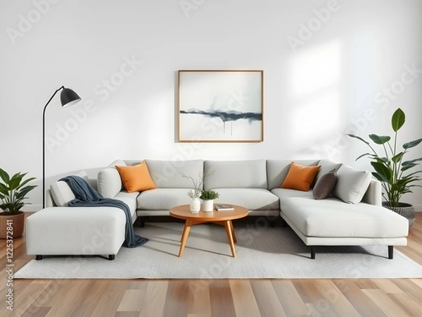Fototapeta Cozy minimalist living room with a gray sofa, wooden coffee table, potted plants, and abstract wall art