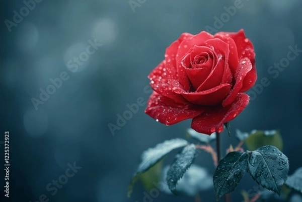 Fototapeta Close-up of a red rose covered in water drops, with a blurred background