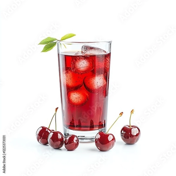 Fototapeta A refreshing glass of cherry beverage filled with ice and garnished with a leaf, surrounded by fresh cherries on a white isolated background.