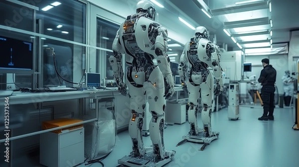 Fototapeta Robotic exoskeleton in a lab, engineers testing its functions, futuristic technology 
