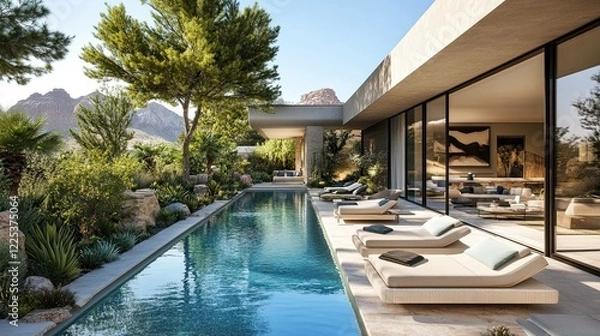 Fototapeta A sleek, contemporary patio oasis with a shimmering infinity pool, stylish lounge chairs, and lush vegetation in the middle of a desert in an opulent Las Vegas property