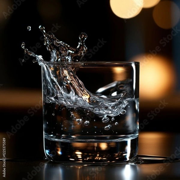 Fototapeta Dynamic splash of water in a glass, showcasing motion and detail in a dramatic low-key setting, emphasizing the fluidity and clarity.