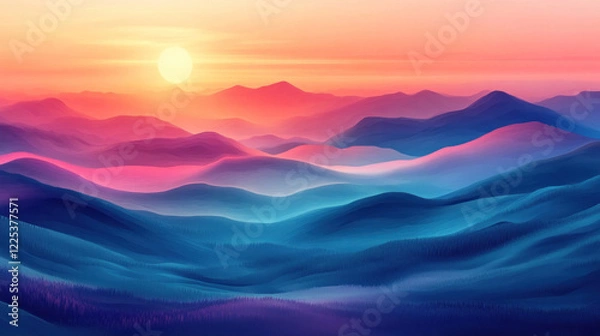 Fototapeta A vector wallpaper with smooth, layered hills in pastel gradients representing a serene landscape