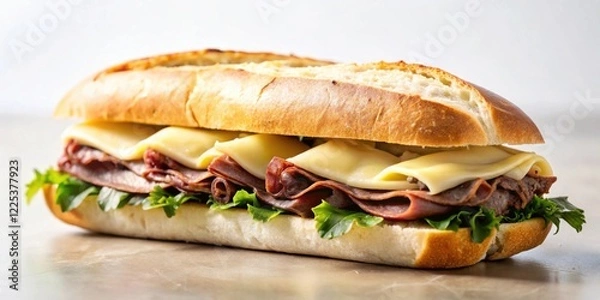 Fototapeta A savory roast beef and melted cheese sub sandwich on a crusty roll with fresh greens