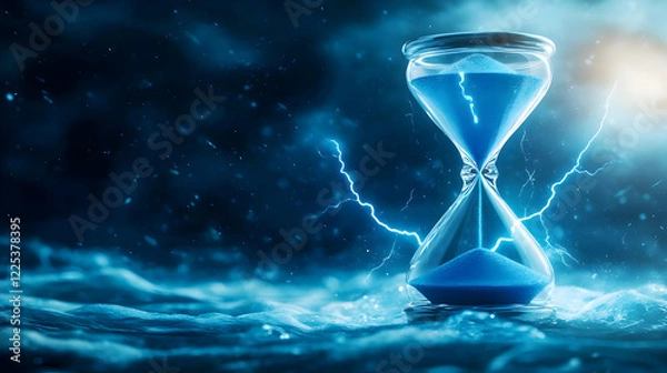 Fototapeta A surreal hourglass filled with blue liquid, surrounded by electric lightning in a mystical atmosphere.