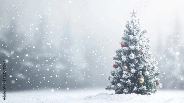 Obraz Snowy Christmas Scene with Decorated Evergreen Tree and Soft Falling Snowflakes in Winter Wonderland Landscape and Copy Space for Text