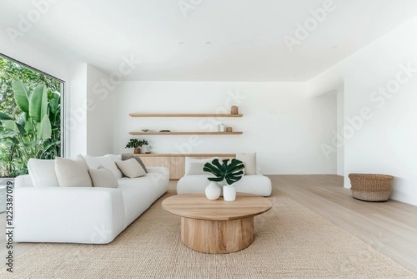 Fototapeta Bright and airy modern living room with minimalistic design featuring a white sofa, wooden coffee table, and lush green plants for a serene atmosphere