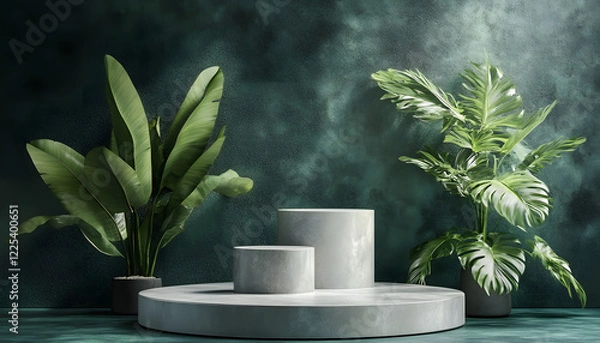 Fototapeta Green Background Display Featuring Two Plants and Cylindrical Platforms