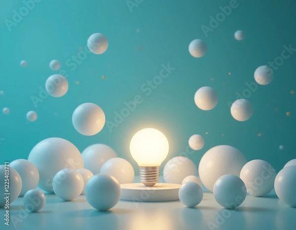 Obraz Creative new idea concept with light bulbs. One light bulb standing out from others bulbs floating on dark background. Business, success, think positive, inspiration, solution symbol. 3D Animation