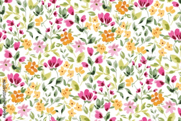 Fototapeta Cute feminine seamless watercolor pattern with little tiny wildflowers, hand drawn, not AI