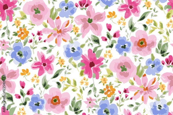 Fototapeta Cute feminine seamless watercolor pattern with little tiny wildflowers, hand drawn, not AI
