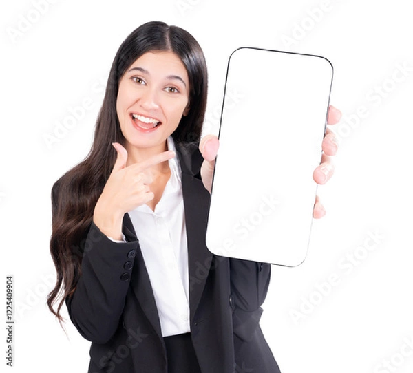 Fototapeta Businesswoman Holding and Pointing at Blank Smartphone Screen Cheerful young businesswoman holding  smartphone with a blank white screen Ideal for advertising, app promotion and marketing concepts.