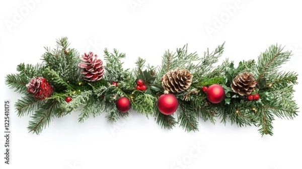 Fototapeta Christmas Evergreen Bough Decoration with Red Baubles and Pinecones Isolated on White Background Ideal for Holiday Text and Seasonal Design