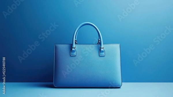 Fototapeta stylish blue handbag placed on blue background, showcasing elegance and modern design. handbag features structured shape and sleek handles, perfect for any occasion
