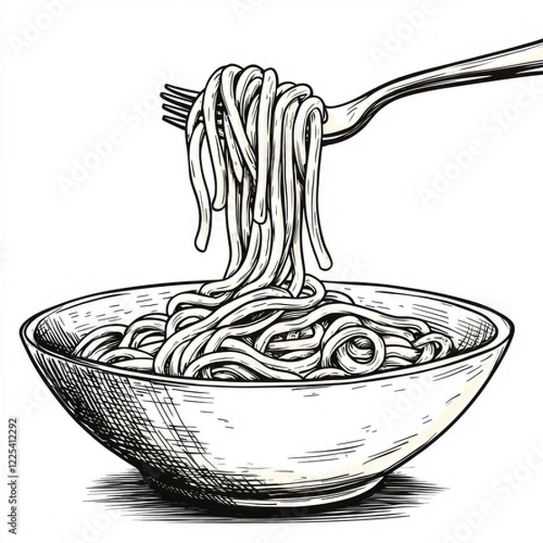 Fototapeta A fork lifts strands of spaghetti from a bowl, showcasing a classic pasta dish in a simple yet artistic illustration.