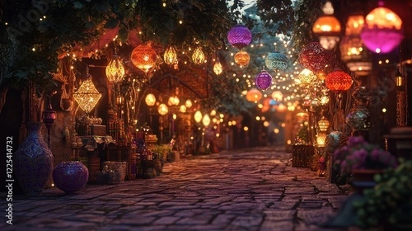 Fototapeta Enchanting Night Market Street Scene With Colorful Lanterns