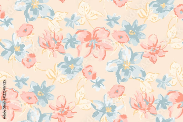 Fototapeta Cute feminine watercolor seamless pattern with wildflowers.hand drawn, not AI