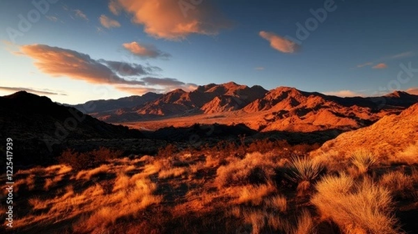 Fototapeta Dusk Over Majestic Peaks, expansive mountain range under dim light, aerial perspective showcasing rugged beauty and vastness.