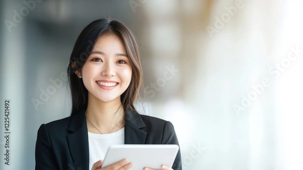 Fototapeta Businesswoman in a suit holding a tablet while smiling in a modern office environment