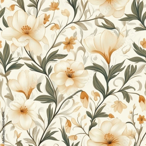 Fototapeta Soft floral pattern featuring cream and orange flowers with delicate green leaves on a light background. Generative AI