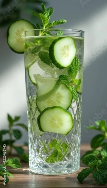 Obraz A tall, crystal-clear glass filled with sparkling water showcases vibrant cucumber slices and fresh mint leaves, creating a refreshing summer drink. The sunlight dances on the glass, enhancing the