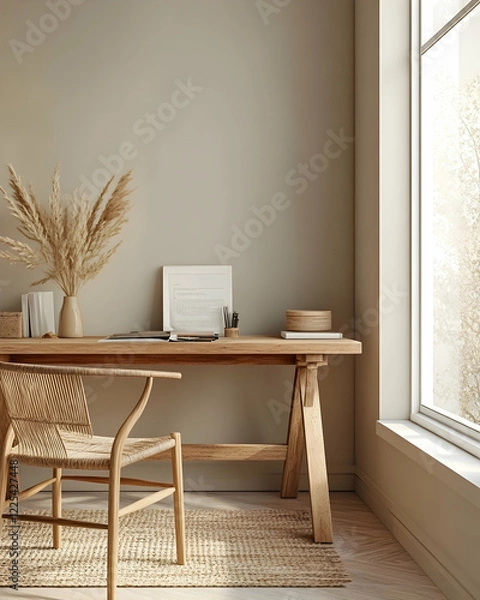 Obraz Bohemian home office with wooden desk and natural textures in modern space