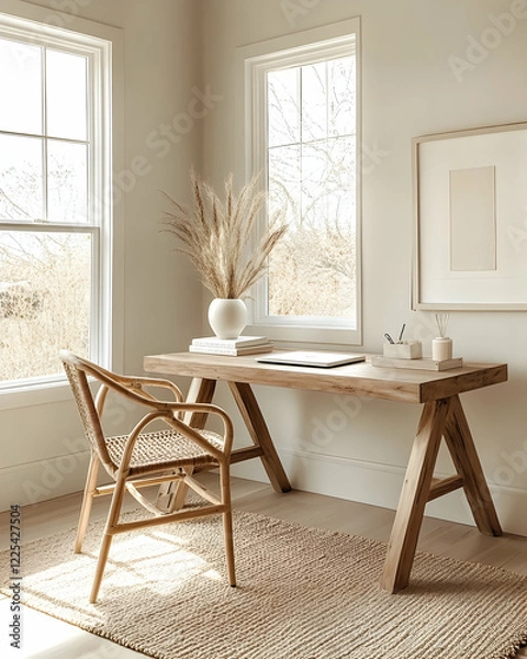 Obraz Bohemian home office with wooden desk and natural textures in modern space
