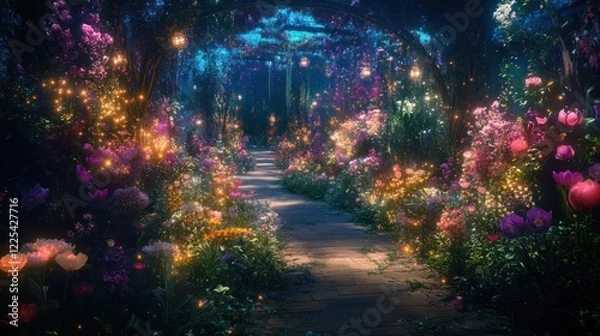 Fototapeta Flower archway path glows at night in garden, ideal for magical, romantic designs