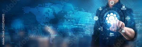 Obraz Businessman touching access management frameworks, user authentication processes, authorization control measures, identity governance policies, audit. compliance protocols, role-based access controls.