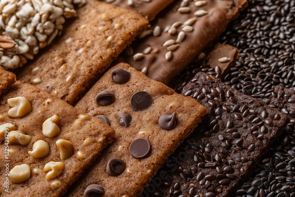 Fototapeta A whole grain cookies, healthy snack from flex and sesame seeds. Homemade grab-to-go crunchy biscuits. Diet low carb bakery dessert