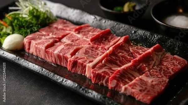 Fototapeta Sliced beef in a Shabu-shabu series presentation on a black tray.