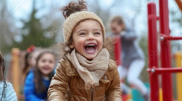 Fototapeta Joyful caucasian child laughing on a playground in winter attire.